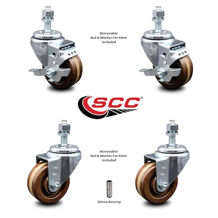 Service Caster 3 Inch High Temp Phenolic Wheel Swivel 12mm Threaded Stem Caster Brake, 2PK SCC-TS20S314-PHSHT-M1215-2-TLB-2